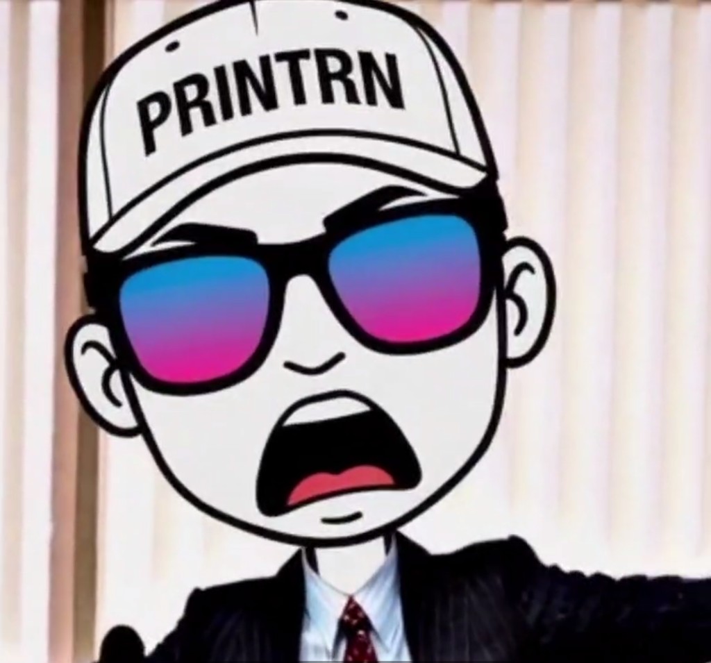 PRINTRN mascot: suited intern in Printrn cap and shades